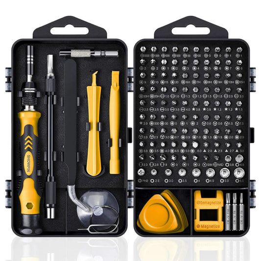 Set of tools including screwdrivers and bits in a black case with yellow accents.