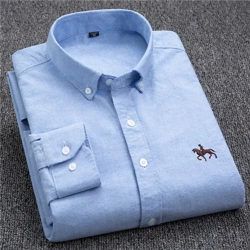 Men’s Oxford Cotton Shirt – Long Sleeve Embroidered Horse Design