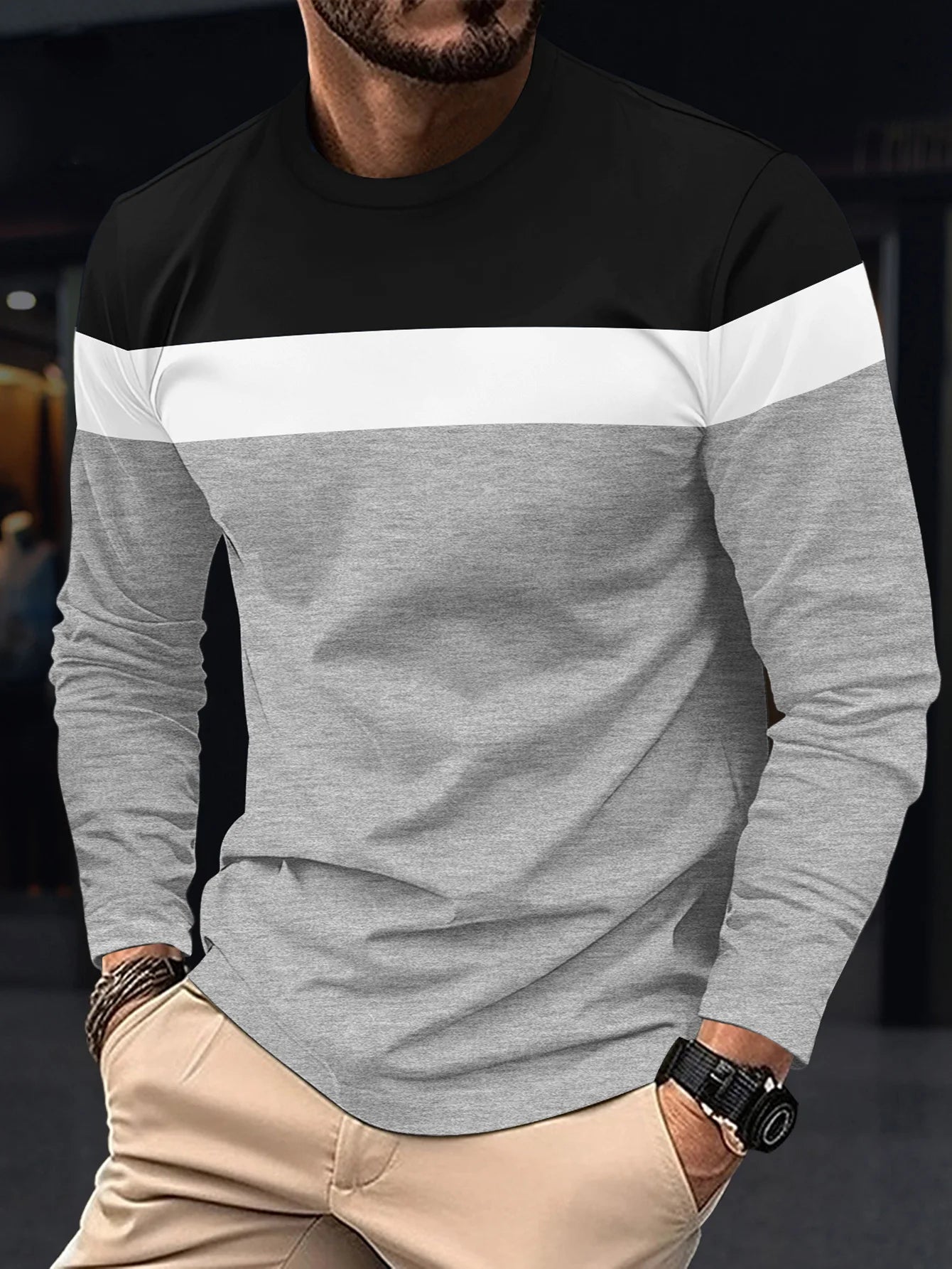 New Men's Casual Round Neck T-shirt Breathable, Comfortable, and Fashionable Long Sleeved T-shirt trend versatile casual tops