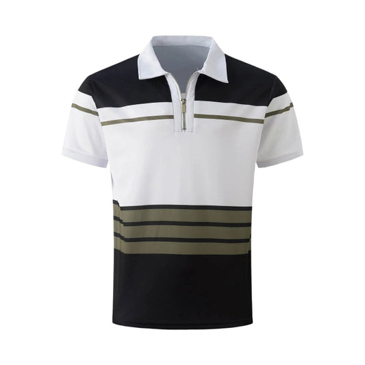 A color block men's casual t-shirt with a ribbed lapel and button-up collar, featuring black, white, and green horizontal stripes.