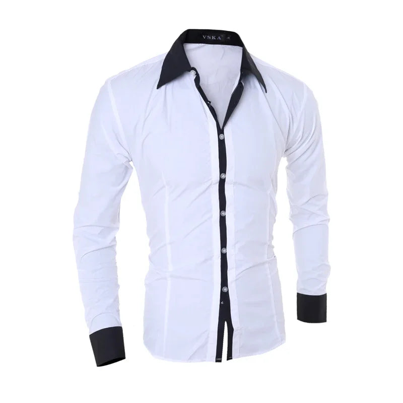 Men’s Slim White Striped Shirt – Long Sleeve Business Casual Top