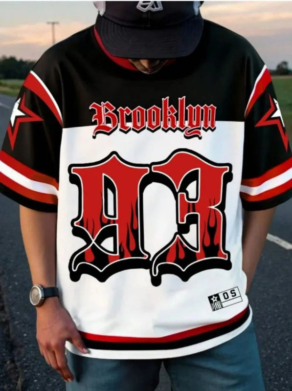 Person wearing a sports jersey with 'Brooklyn' and 'ACR' text, standing outdoors.