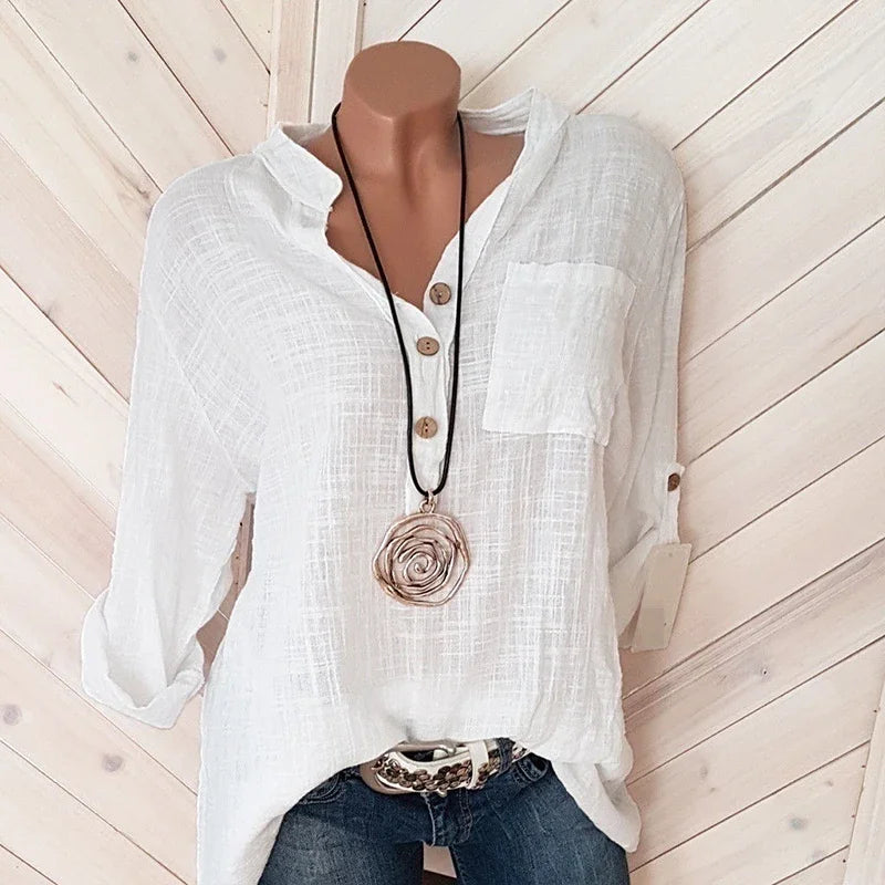 Women Blouses Cotton Linen Blouse Autumn Shirts Casual Long Sleeve Button V Neck Loose Shirt Lady Tops Tailor-made T-Shirts