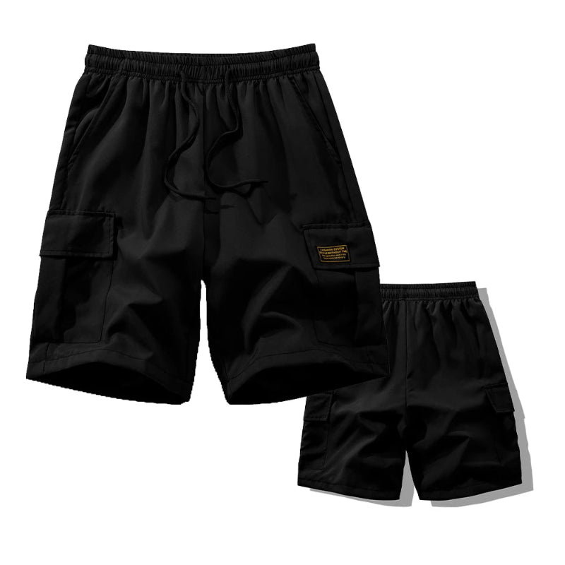 Black cargo shorts on a white background