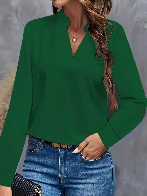 Women’s elegant light blue V-neck long sleeve loose fit office blouse green