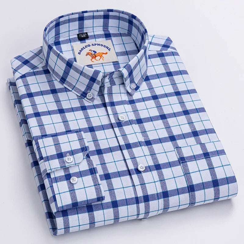 Men’s Oxford Cotton Shirt – Long Sleeve Embroidered Horse Design