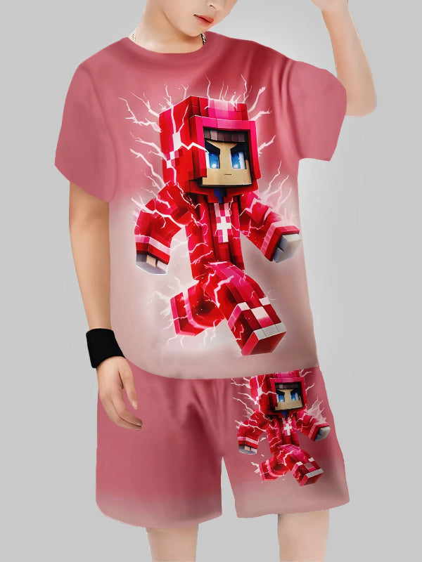 Child wearing a red robot-themed t-shirt and shorts set on a gray background