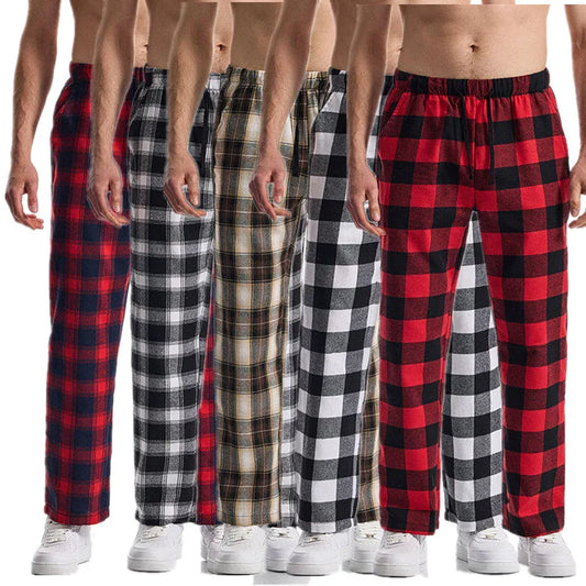 Five pairs of plaid pajama pants displayed side by side on a white background.