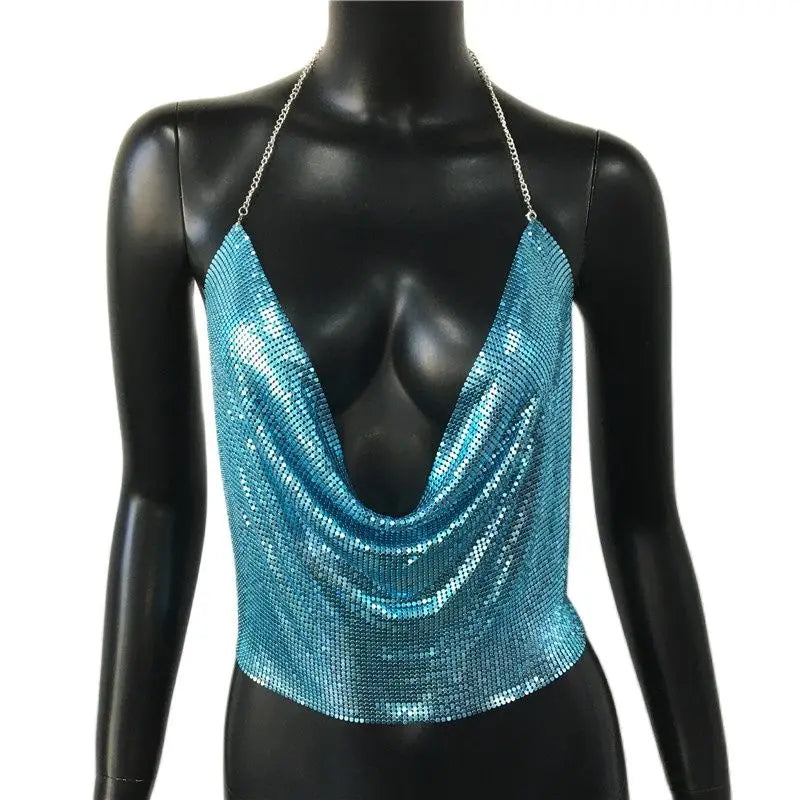 Women’s Metal Sequin V‑Neck Backless Crop Top – Party Tank