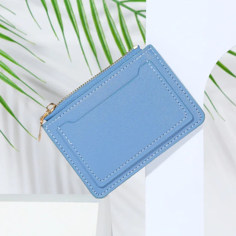 Women's PU leather mini wallet with zipper, hasp, and multi-card slots  - Blue