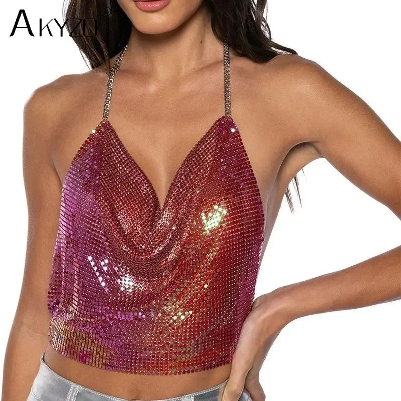 Women’s Metal Sequin V‑Neck Backless Crop Top – Party Tank