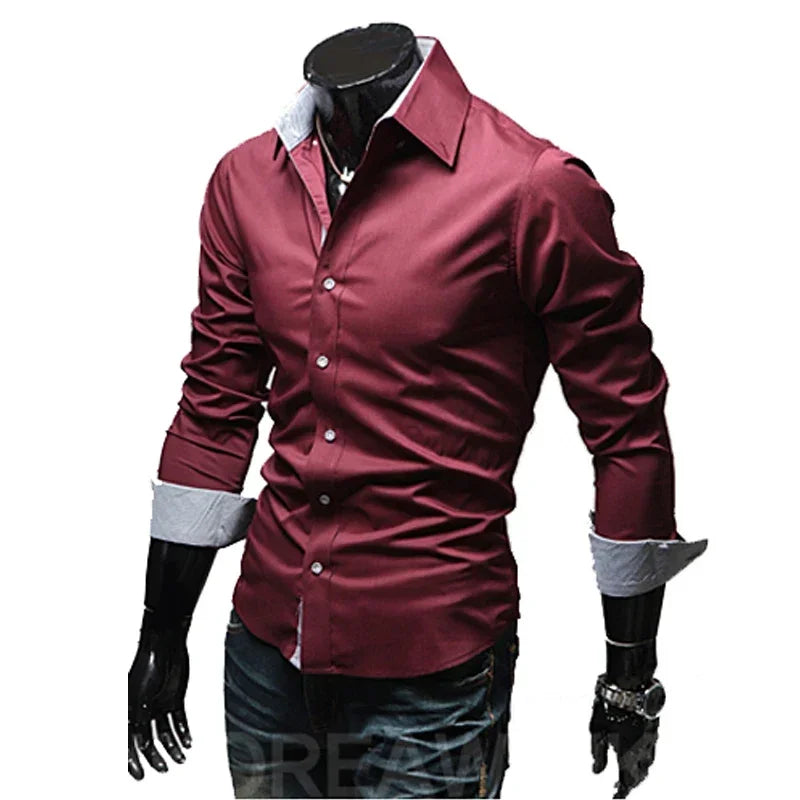 Men’s Slim White Striped Shirt – Long Sleeve Business Casual Top
