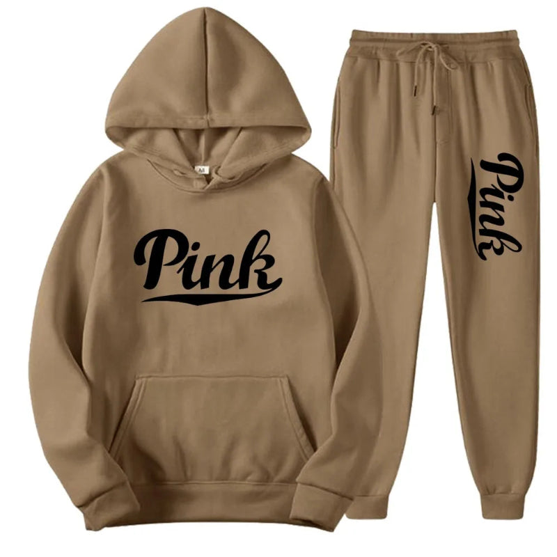 Brown hoodie and jogger set with 'Pink' text on a white background