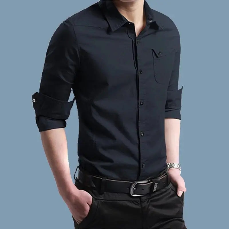 Black button-up shirt worn by a person on a gray background