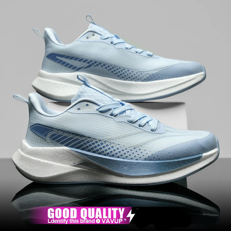 Light blue running shoes with white soles on a gray background, featuring a promotional banner at the bottom.