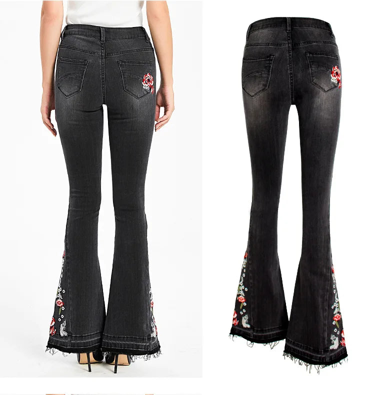 Jeans Flare Pants Women Embroidery Boot Cut Streetwear Mid Waist Floor Length Pockets Washed Distressed Vintage Denims Trousers