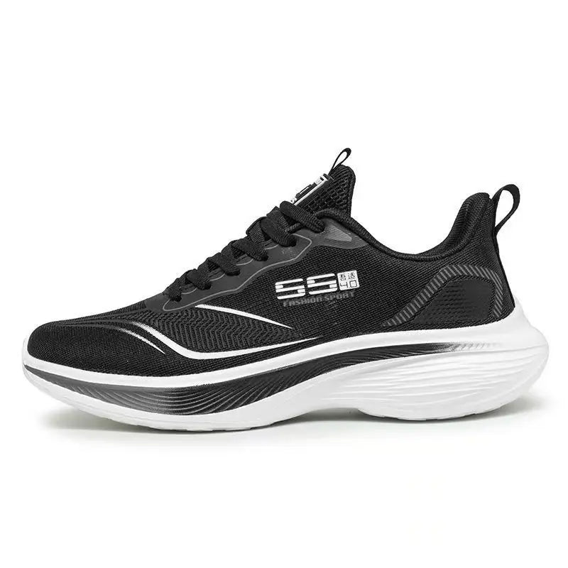 Black running shoe with white sole on a white background