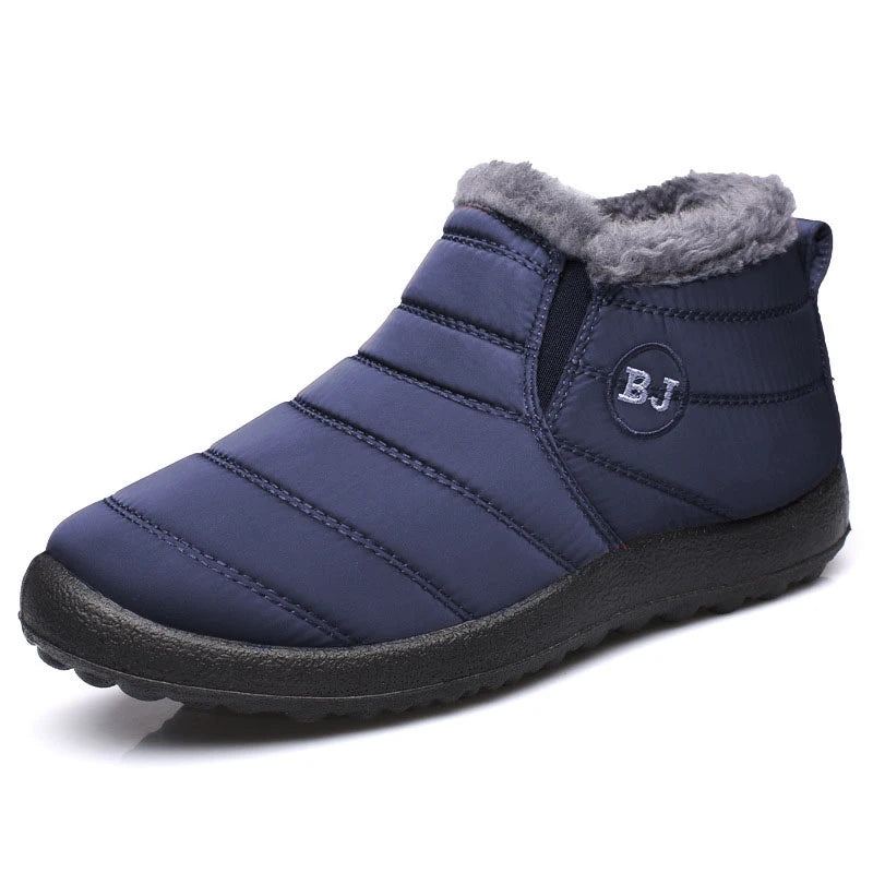Blue winter boot with gray fur lining on a white background