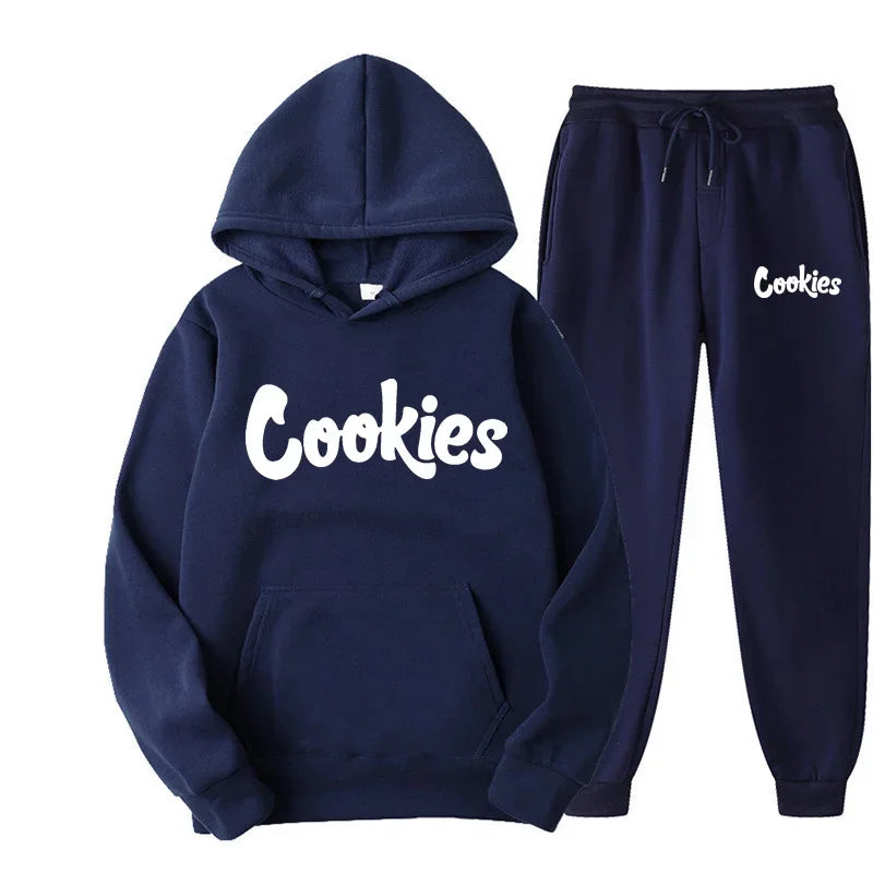 Navy blue 'Cookies' hoodie and sweatpants set on a white background