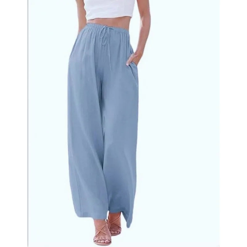 Light blue wide-leg pants worn by a person on a white background