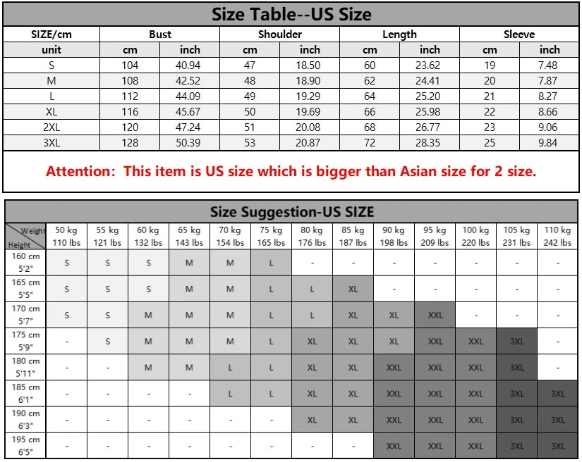 Size chart for clothing with US and Asian size conversions.