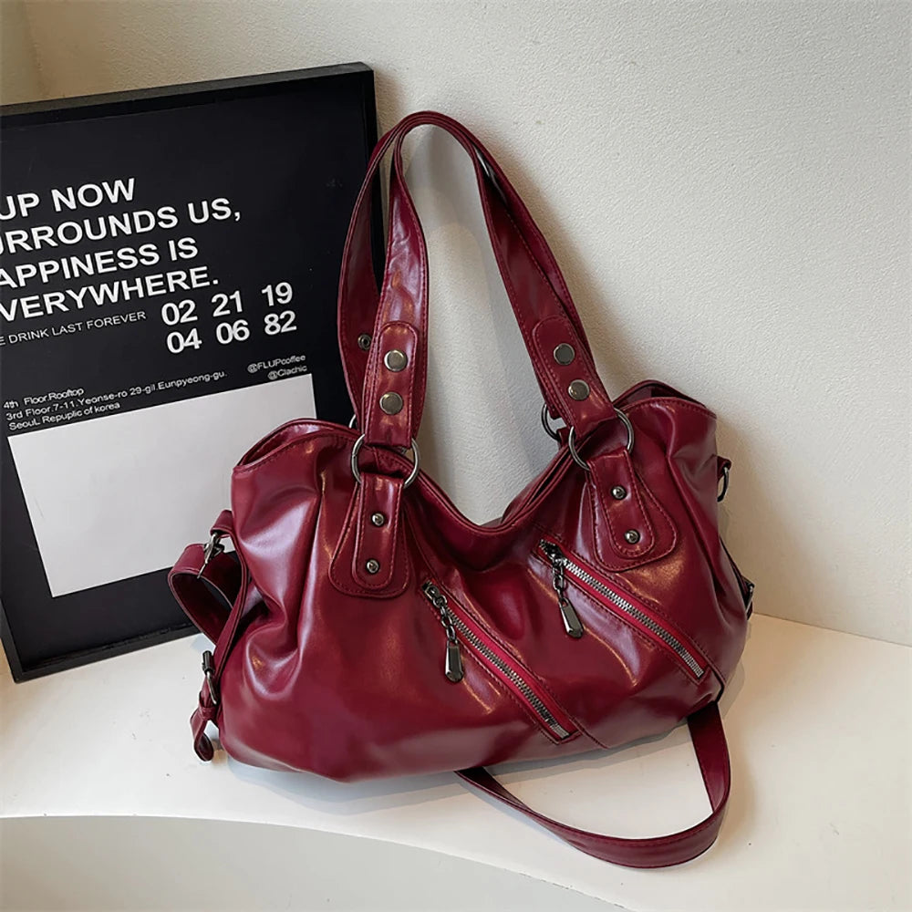 Glossy PU Designed Rivet Zipper One Shoulder Bag Large Capacity Versatile Tote Bags Delicate Soft All-Match Crossbody Packs