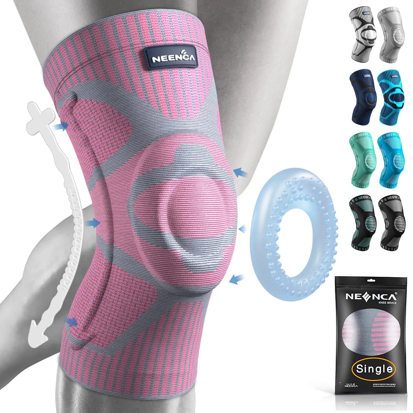 NEENCA compression knee brace sleeve for pain relief, meniscus tear, ACL, arthritis, and joint injury recovery pink