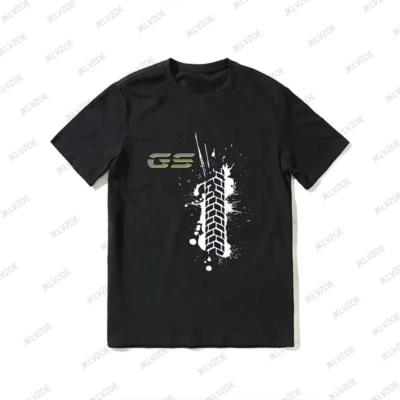 Black t-shirt with white graphic design on a white background
