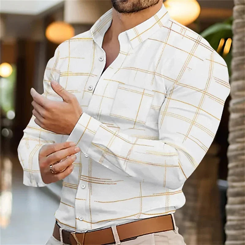 Man wearing a white shirt with yellow plaid pattern in an outdoor setting