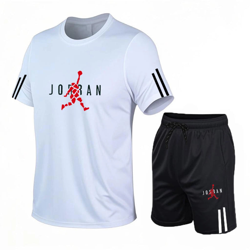 White t-shirt and black shorts set with Jordan logo on a white background