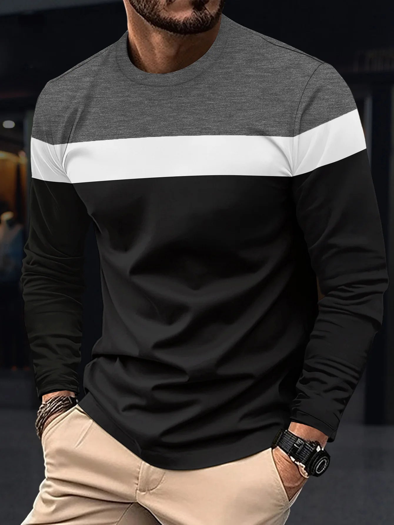 New Men's Casual Round Neck T-shirt Breathable, Comfortable, and Fashionable Long Sleeved T-shirt trend versatile casual tops