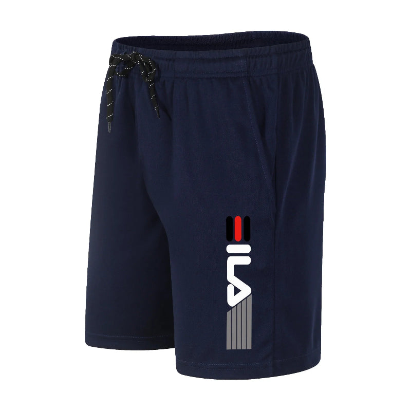 Navy blue shorts with a logo on a white background