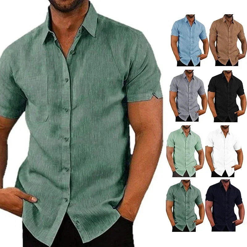 Green short-sleeve button-up shirt worn by a man with additional images of the shirt in various colors.