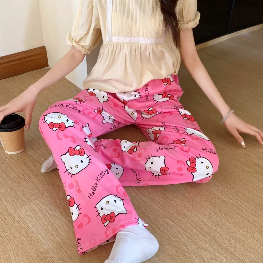Hello Kitty women’s summer pajama pants with cute cartoon print, loose casual fit, perfect for lounging  pink 6