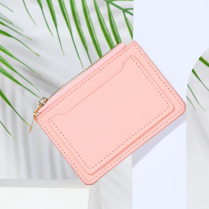 Women's PU leather mini wallet with zipper, hasp, and multi-card slots  - pink light