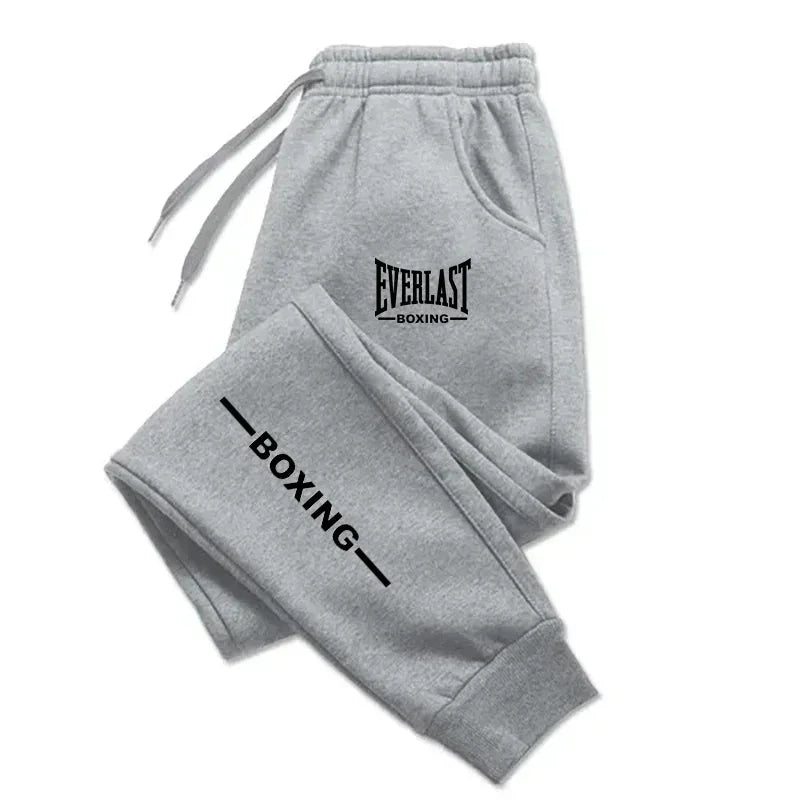 Gray sweatpants with 'Everlast Boxing' logo on a white background