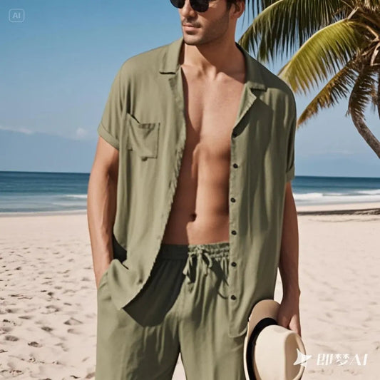 Man in green shirt and shorts standing on a beach with palm trees and ocean in the background