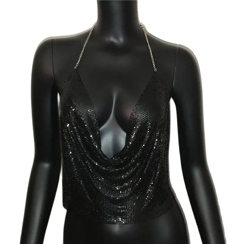 Women’s Metal Sequin V‑Neck Backless Crop Top – Party Tank