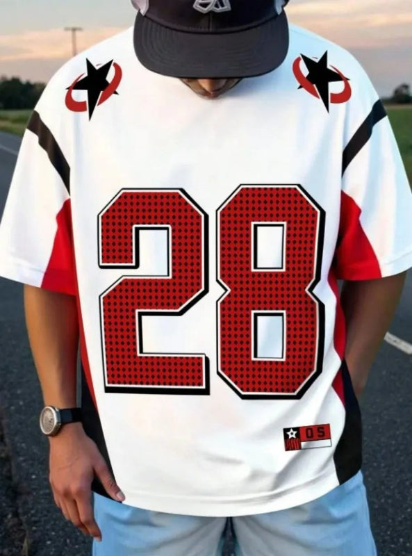 Person wearing a white sports jersey with red and black accents, featuring the number 28, outdoors.