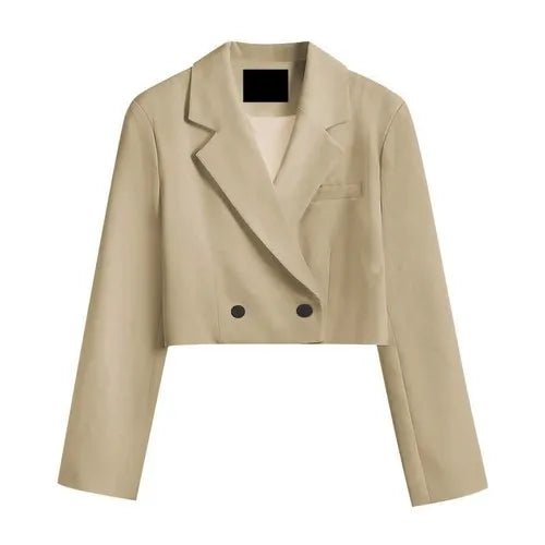 Cropped blazer for women – trendy Korean style notched slim fit chic solid color fashion suit outwear khaki