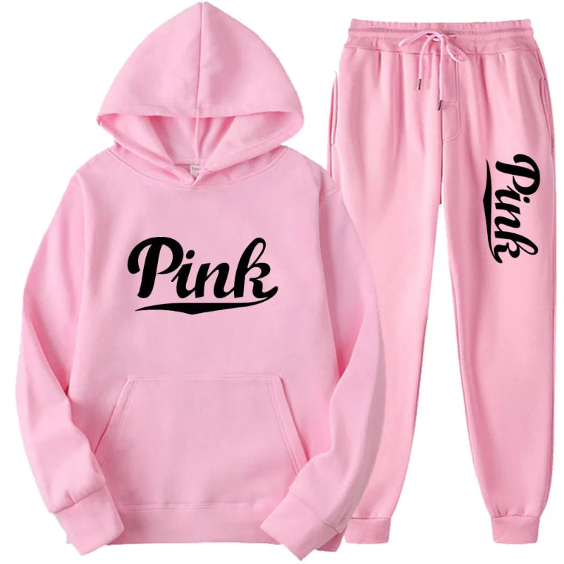 Pink hoodie and pants set with 'Pink' text on a white background