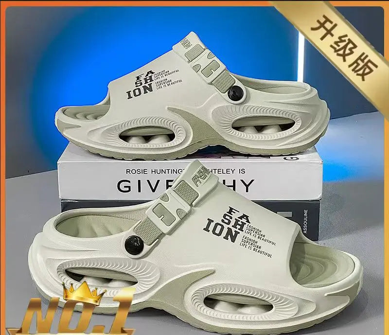 White sandals with 'ION' branding on a blue and gray background