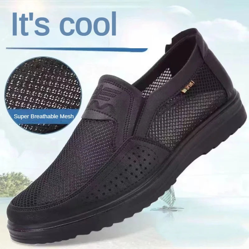 Black mesh shoe with 'Super Breathable Mesh' feature on a white background