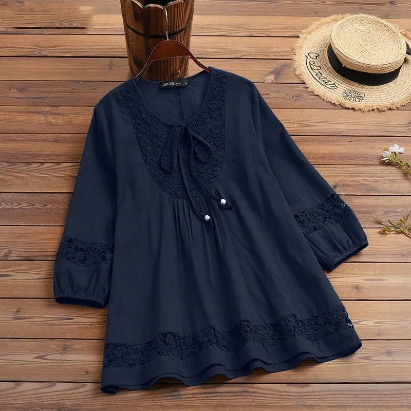 Women’s cotton linen lace blouse loose fit three-quarter sleeve summer top navy02