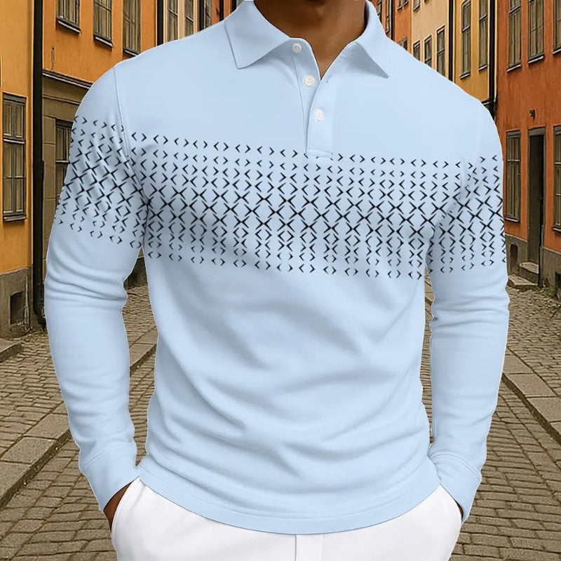 Light blue long-sleeve shirt with geometric pattern worn by a person on a street.