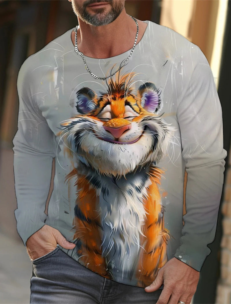 Person wearing a long-sleeve shirt with a tiger design on a blurred background
