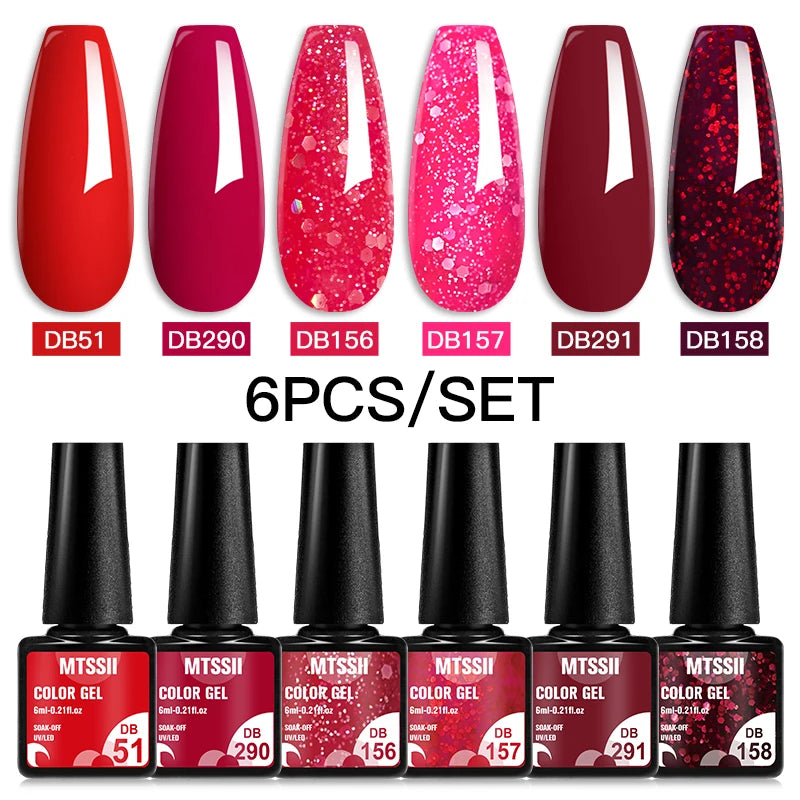 Mtssii 6PCS red gel nail polish set with glitter and matte finishes, includes base and top coat, soak-off UV LED nail varnish for art and design.  - 6 pcs set