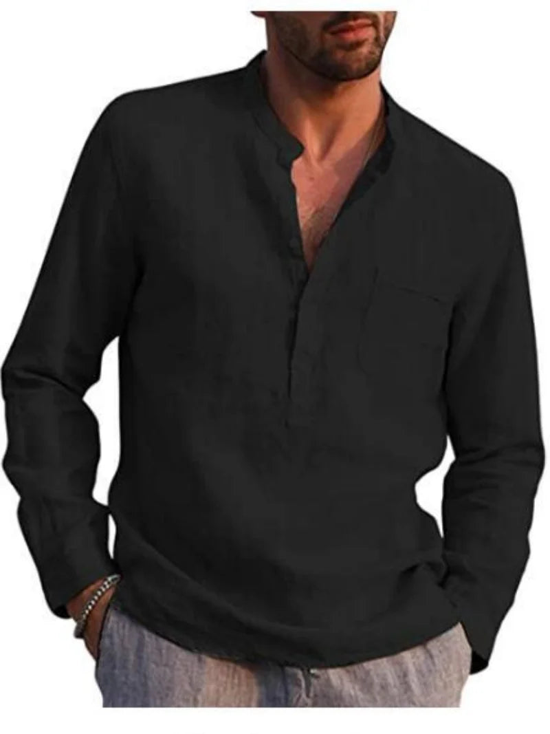 Man wearing a black long-sleeve shirt on a white background