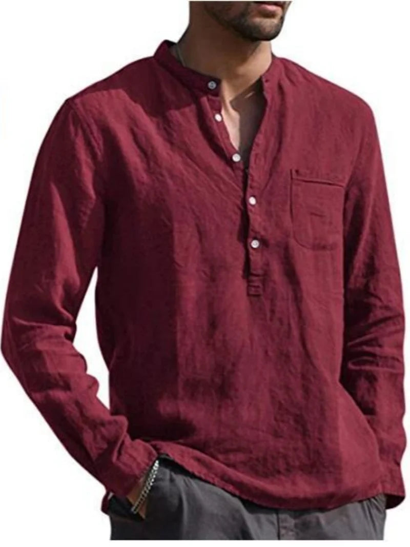 Maroon long-sleeve shirt worn by a person on a white background