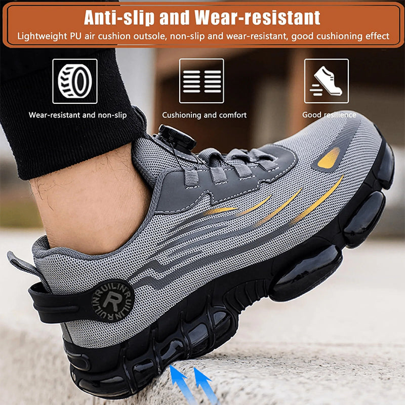 Gray athletic shoe with black sole on a blurred background, featuring text about anti-slip and wear-resistance.